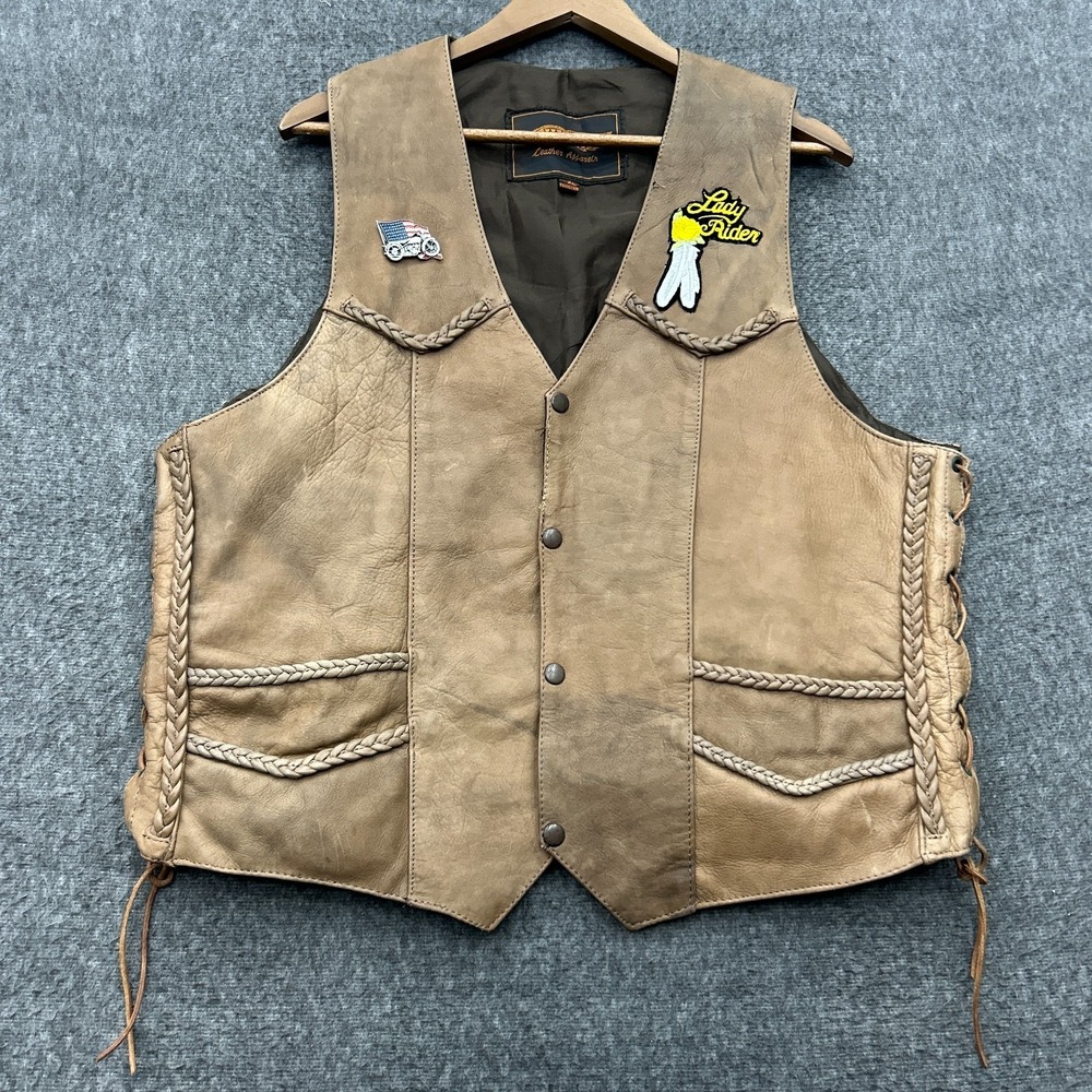 UNIK Genuine‎ Leather Motorcycle Leather Biker Vest Laces XL Patch Pin Tan Eagle